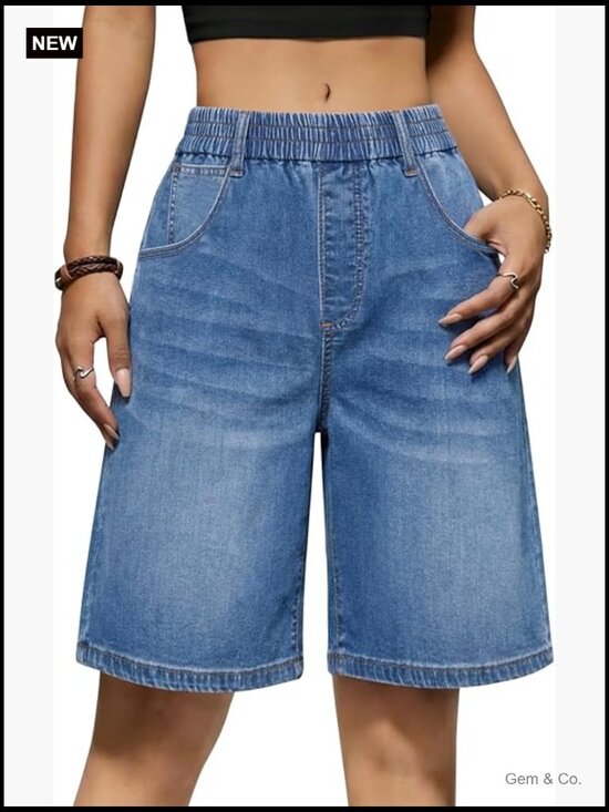 Pants - Women's Elastic Waisted Bermuda Jean Shorts Long Denim Jorts Knee Length Baggy